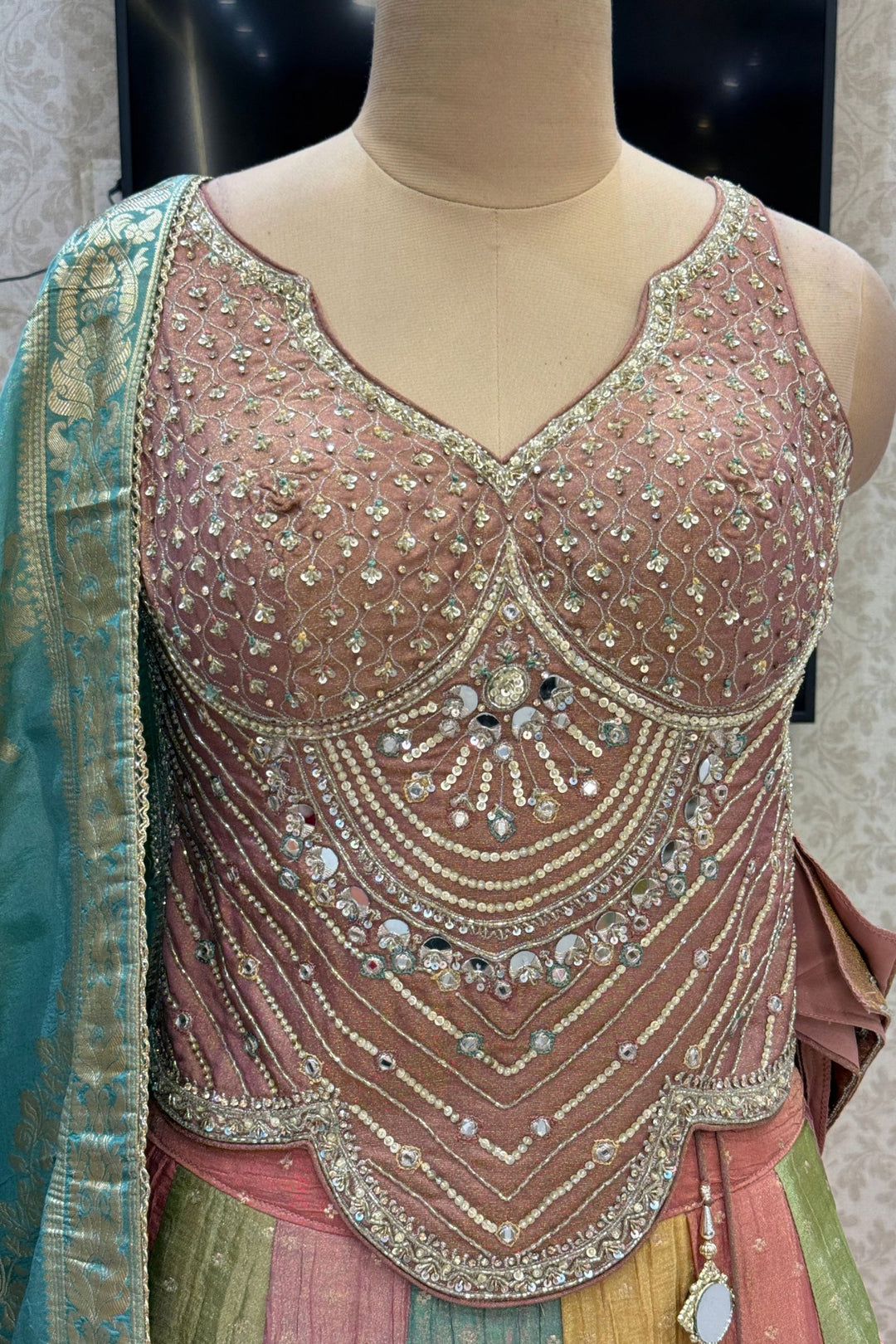 Onion Pink Beads, Stone, Sequins, Mirror and Zari work with Multicolor Lehenga Set