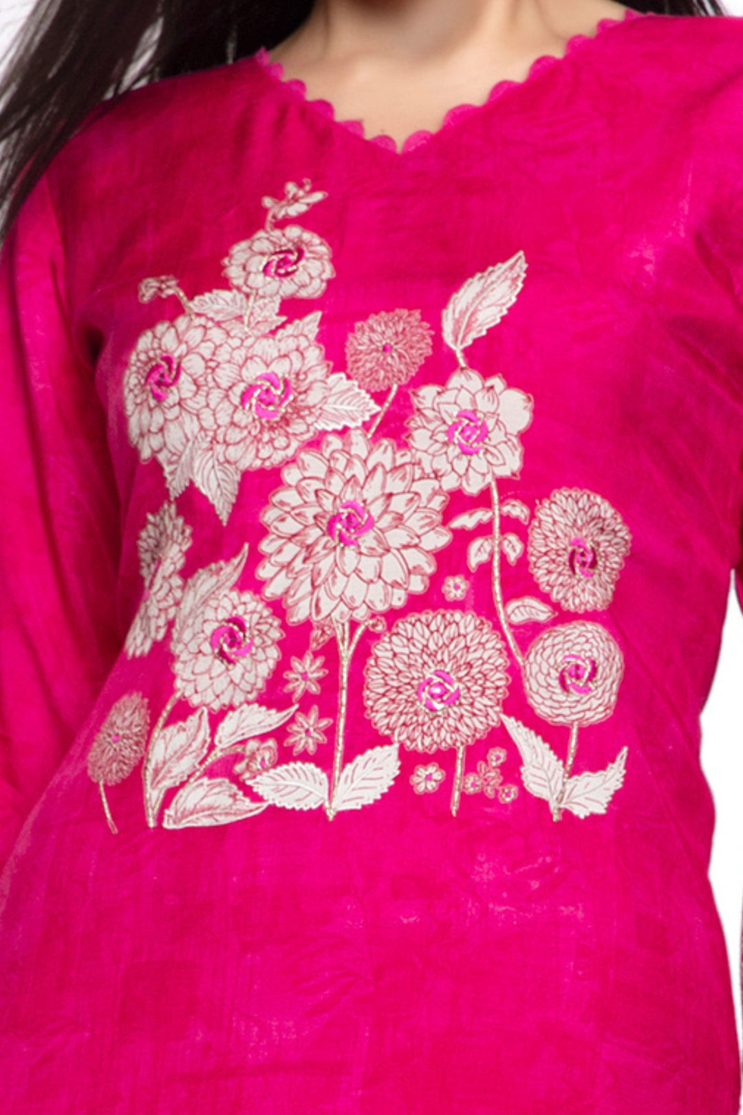 Rani Pink Emrboidery, Zari and Mirror work with Floral Print Calf Length Kurti