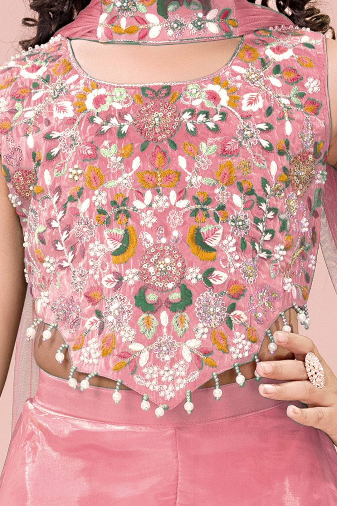 Pink Sequins, Beads and Multicolor Embroidery work Palazzo Suit Set for Girls