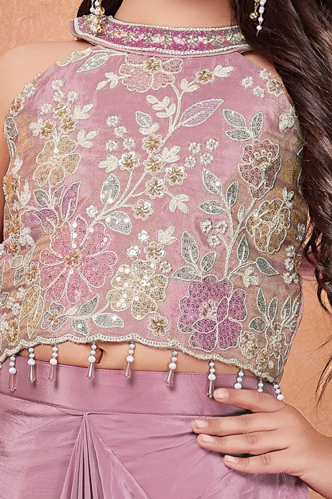 Onion Pink Beads, Sequins and Multicolor Thread work Choli with Cowl Skirt for Girls