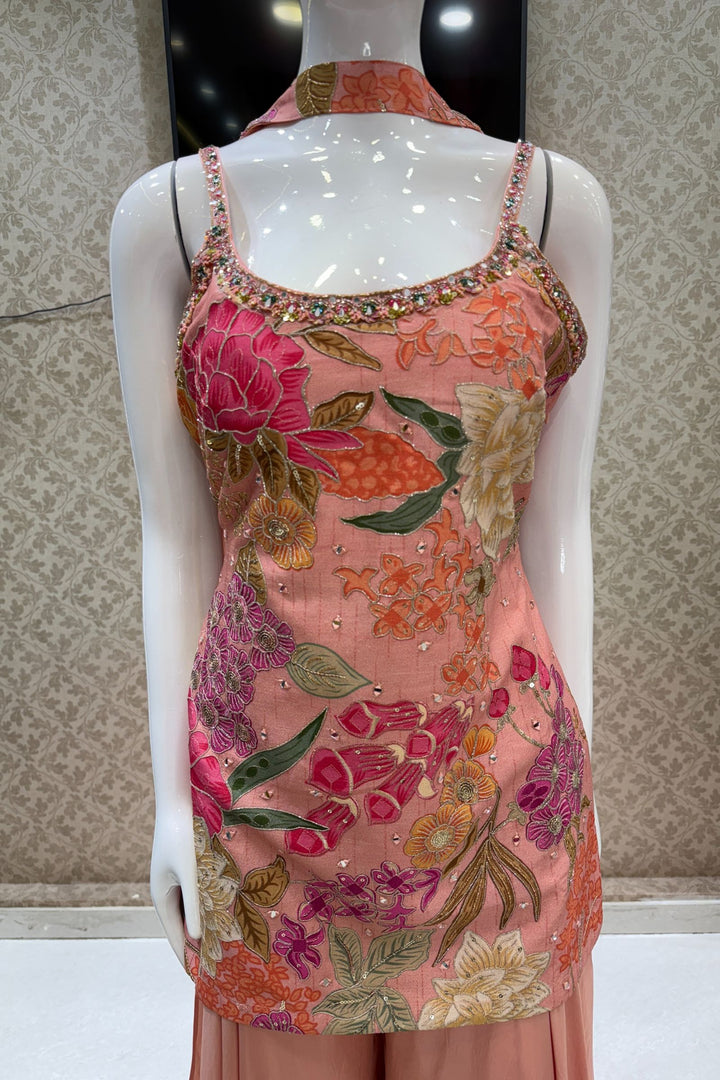 Peach Mirror, Sequins, Zari and Beads work with Floral Print Palazzo Salwar Suit