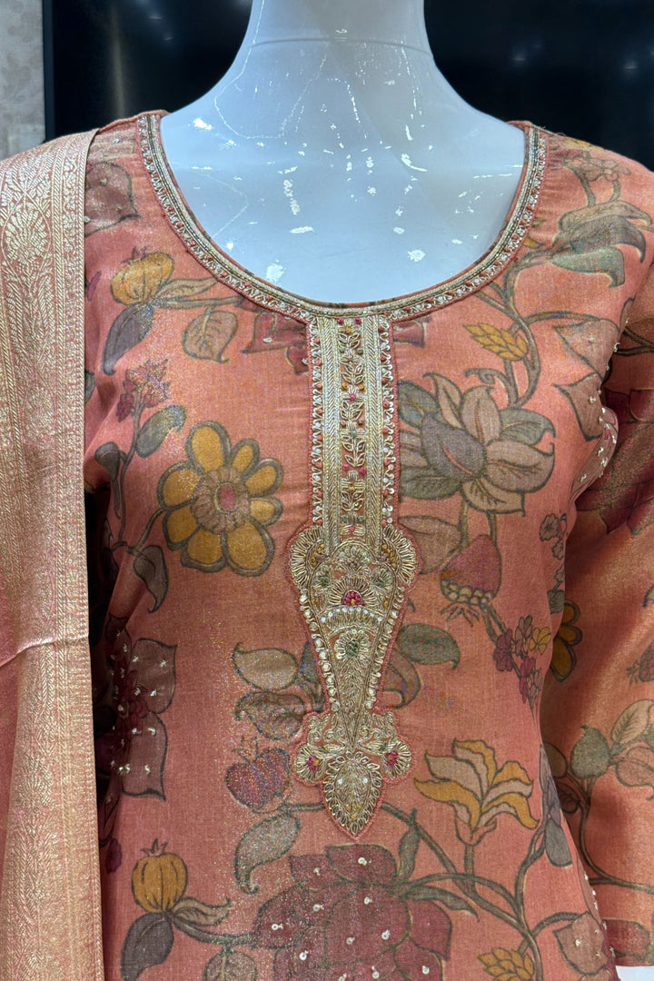 Rust Orange Sequins, Beads, Zardozi and Banaras work Straight Cut Salwar Suit