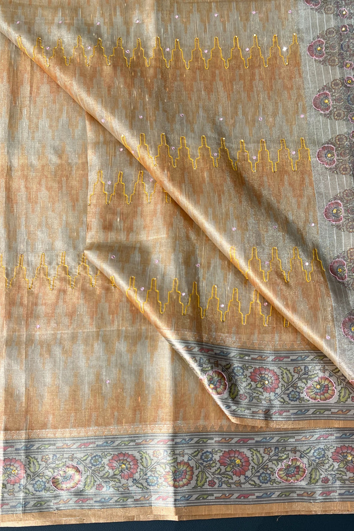 Golden Tissue Saree with Floral Print and Thread work