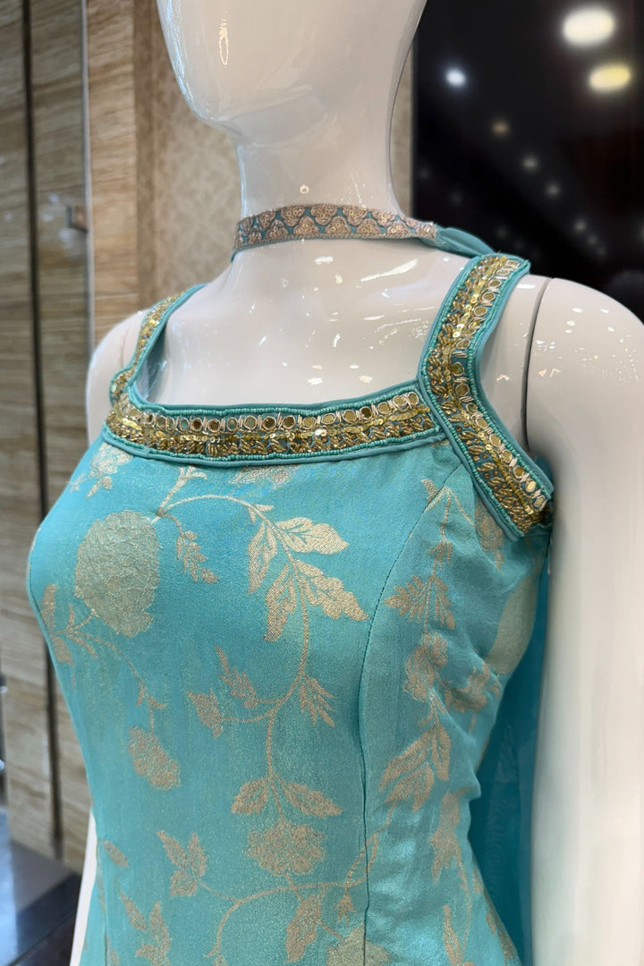 Light Blue Banaras Zari, Mirror, Zardozi, Sequins, Stone and Beads work Palazzo Salwar Suit