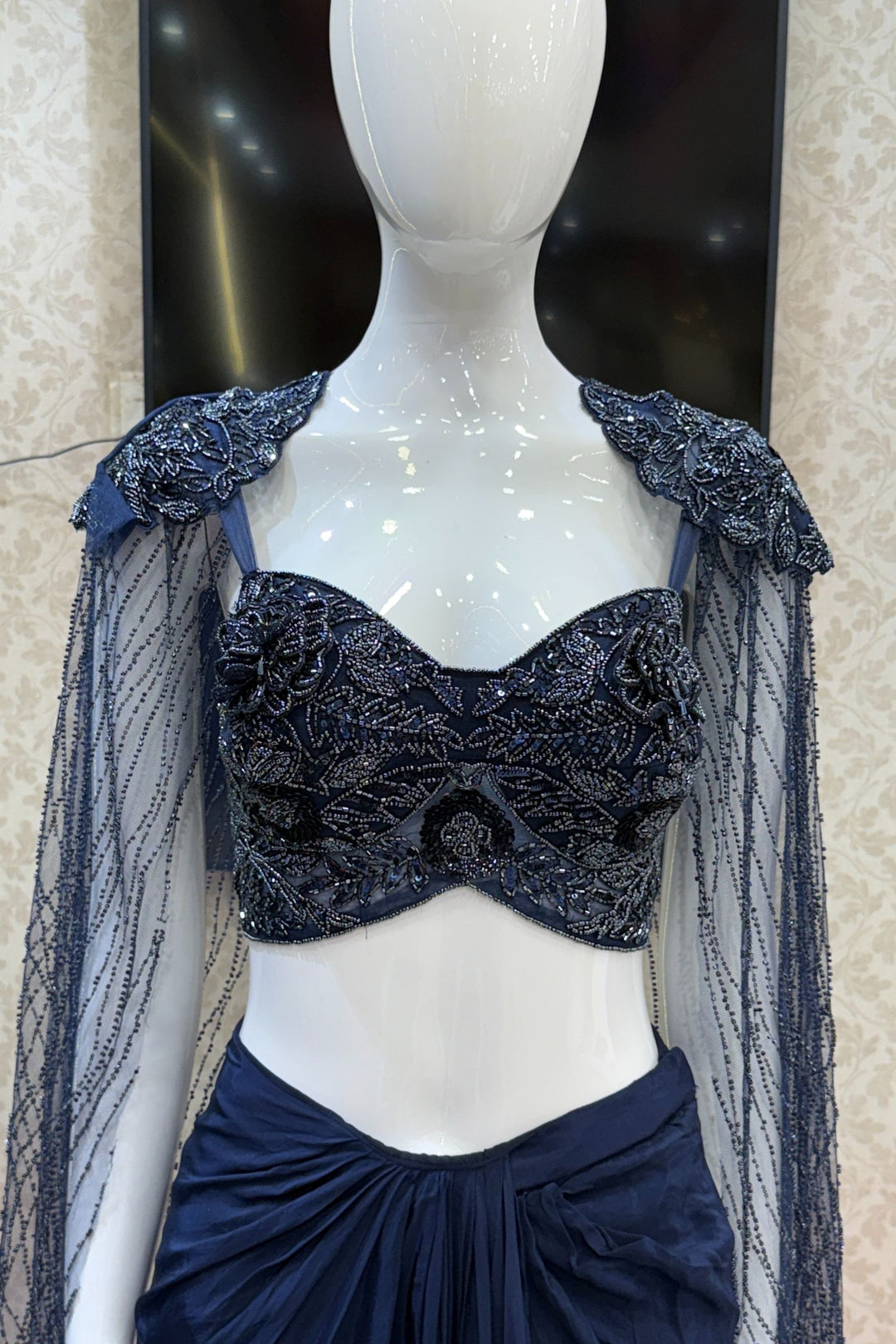 Navy Blue Indo-Western Styled Beads and Sequins work Crop Top and Cowl Skirt