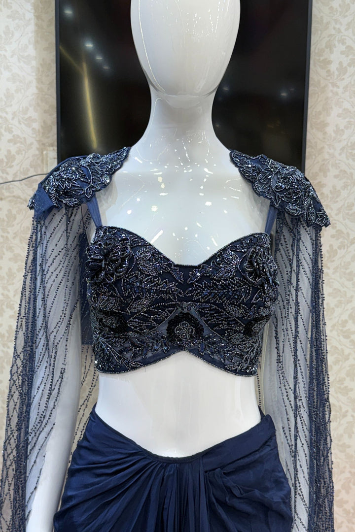 Navy Blue Indo-Western Styled Beads and Sequins work Crop Top and Cowl Skirt