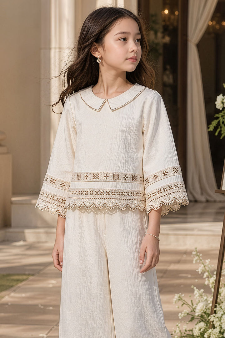 Cream Zari work Top and Palazzo Set for Girls