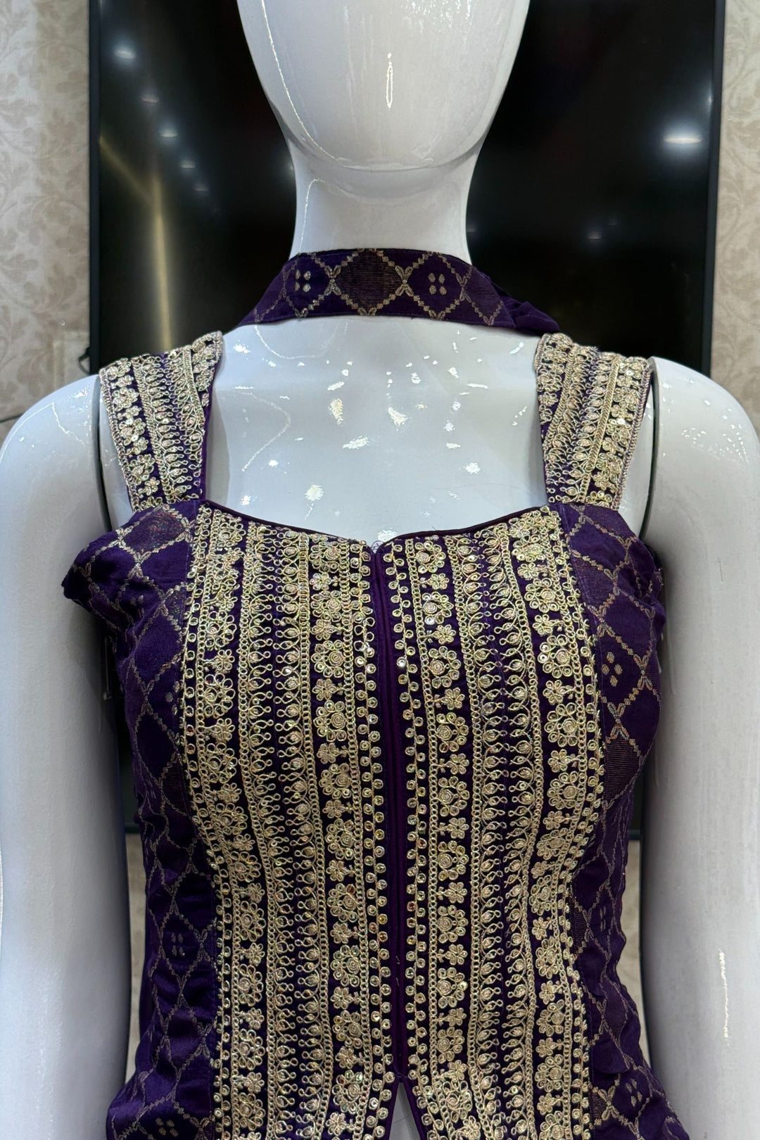 Purple Banaras Zari, Sequins and Zari Thread work Palazzo Suit Set