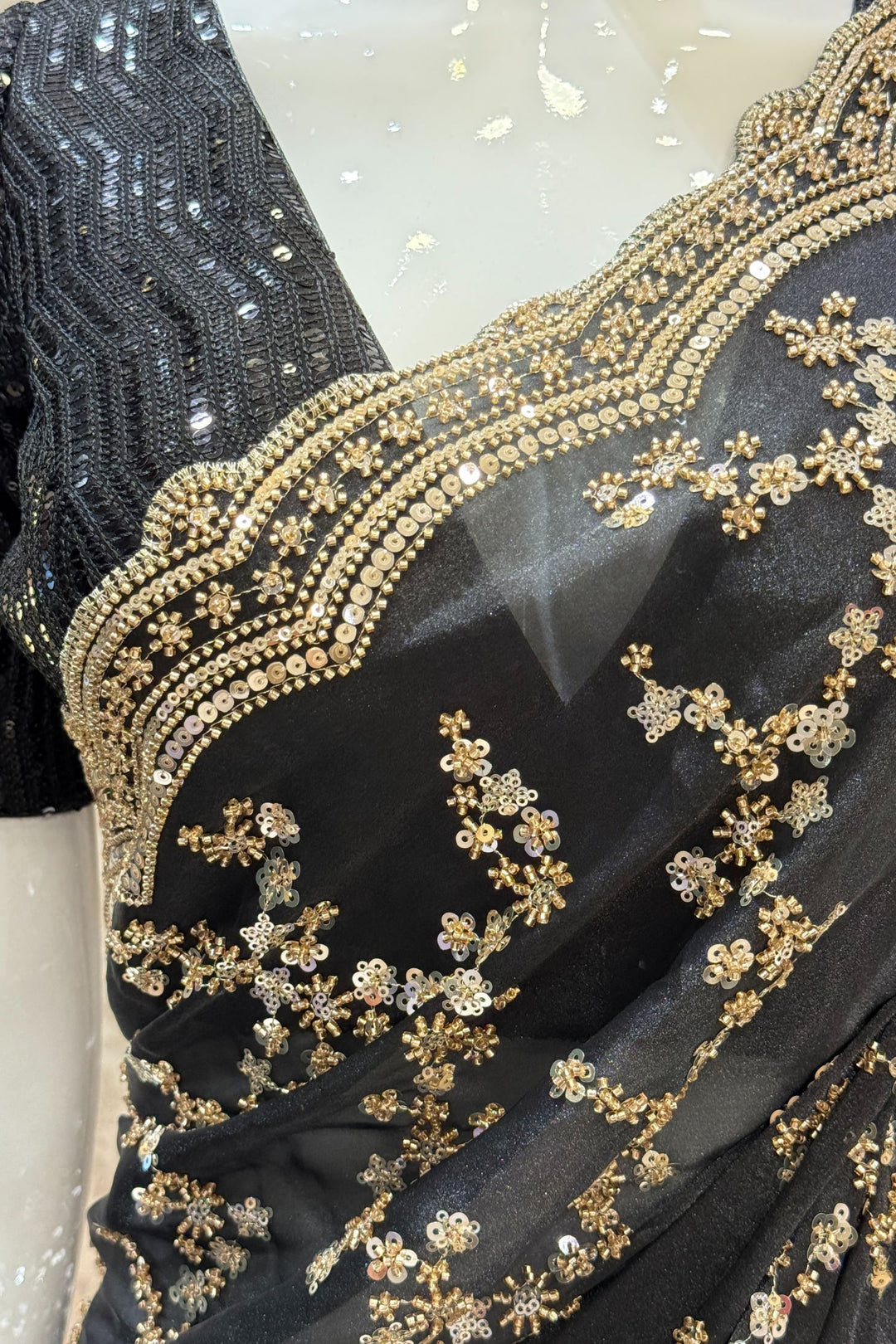 Black Beads, Zari and Sequins work Saree