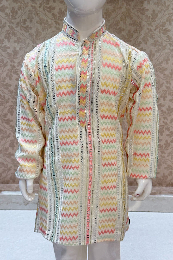 Cream Multicolor Thread and Sequins work Kurta Set for Boys