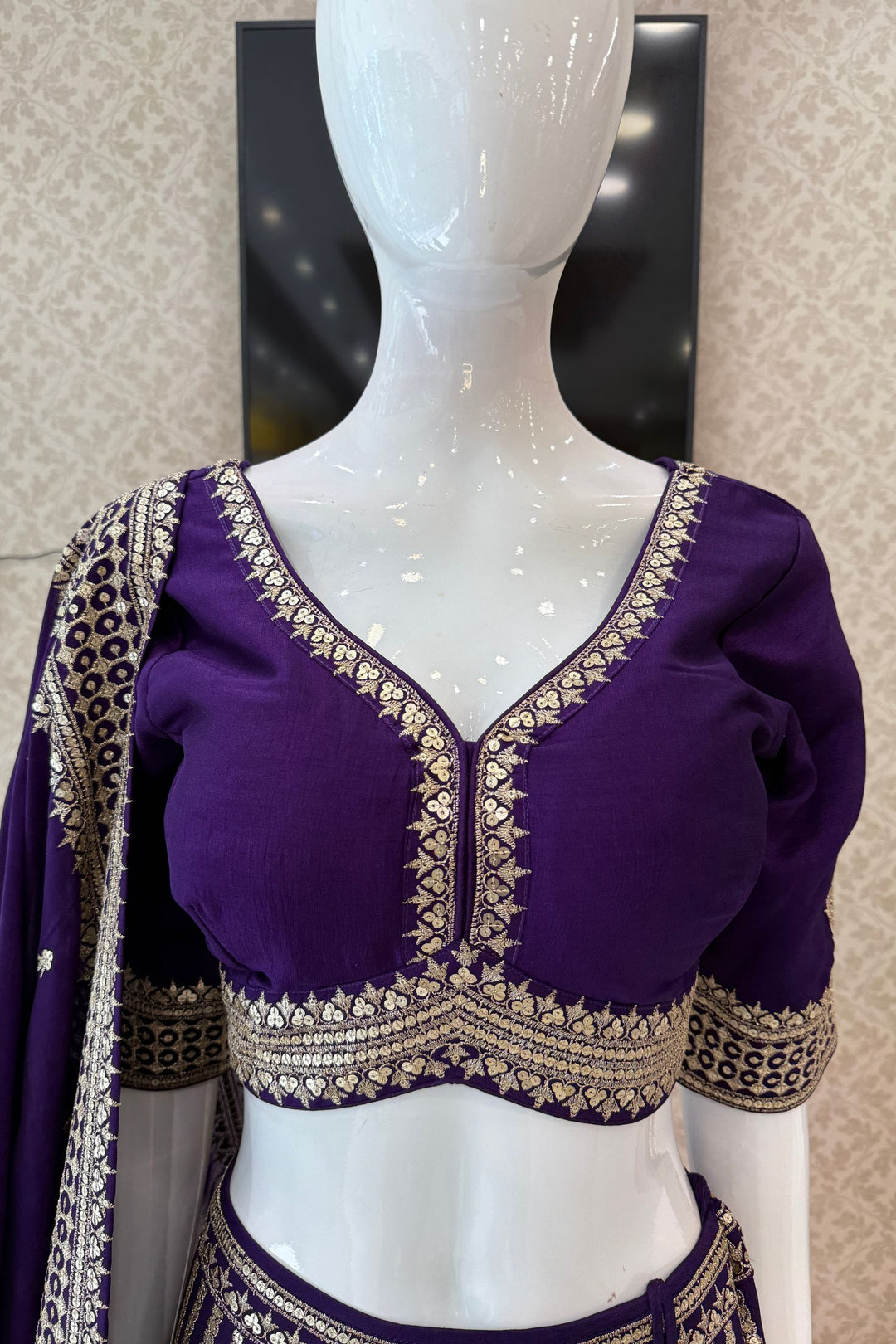 Purple Sequins and Zari work Crop Top Lehenga