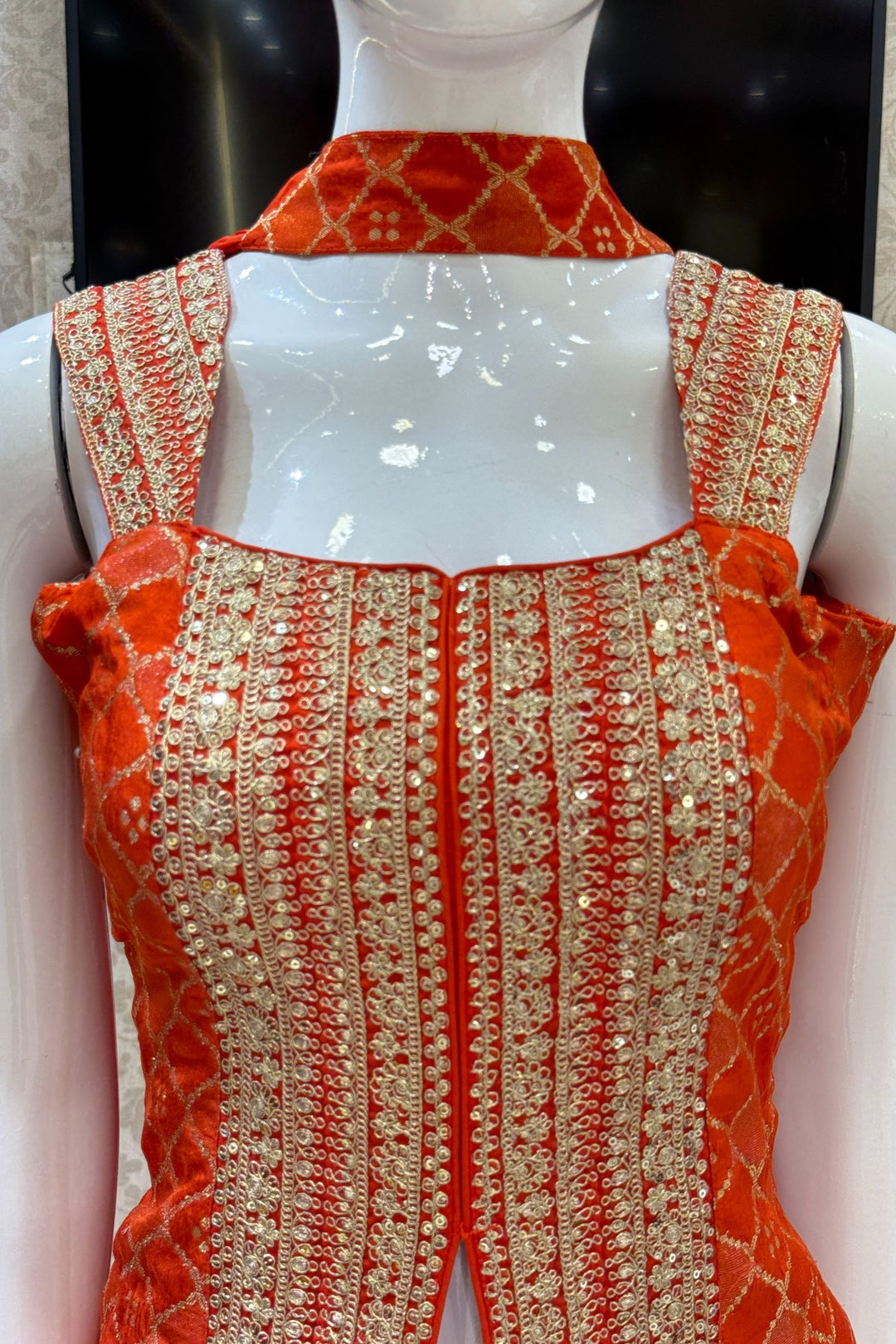 Orange Banaras Zari, Sequins and Zari Thread work Palazzo Suit Set