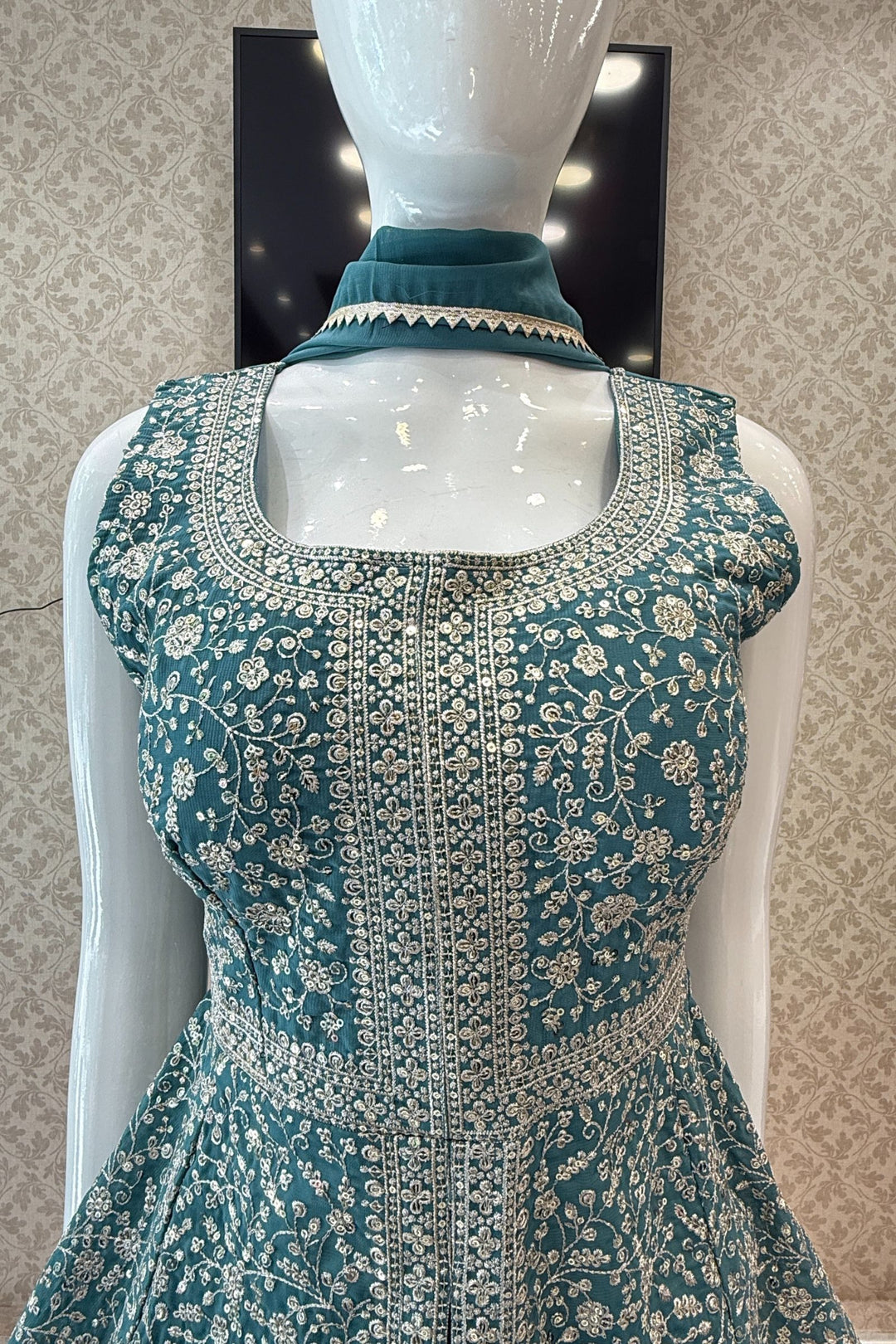 Sea Green Sequins and Zari work Peplum Top with Palazzo Suit Set