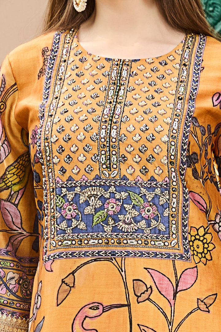 Mustard Beads, Sequins and Thread work with Multicolor Digital Print Low Slit Gown