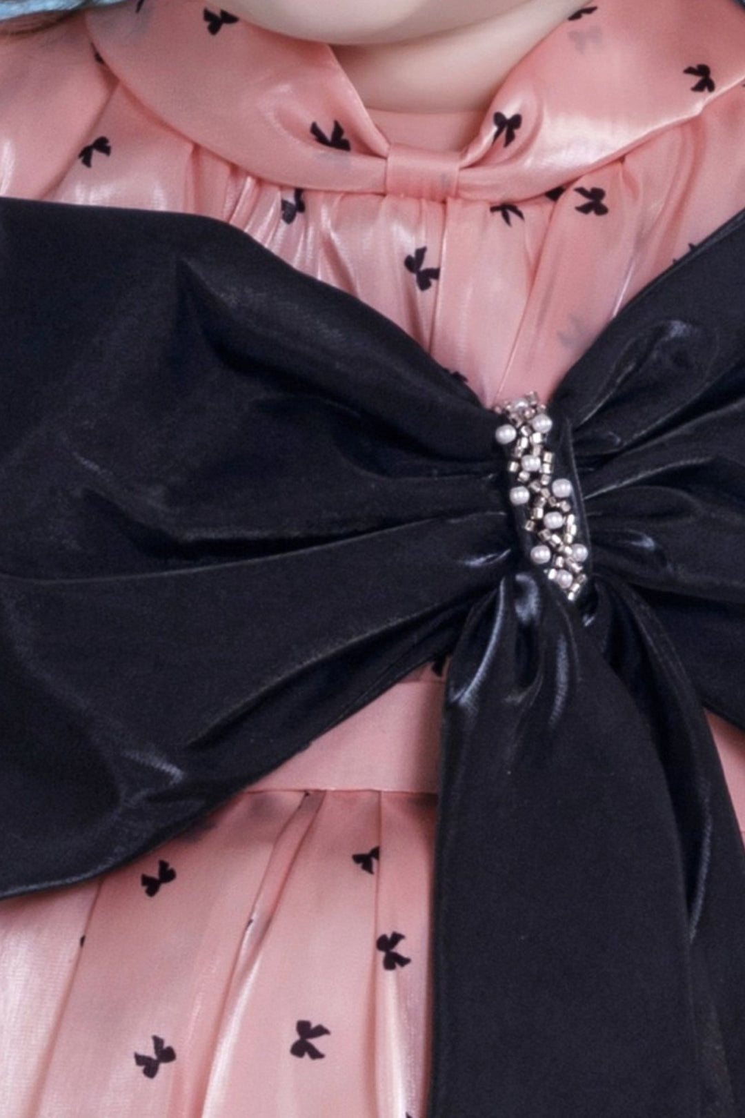 Peach with Black Printed Partywear Short Frock for Girls