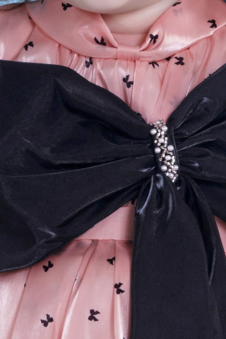 Peach with Black Printed Partywear Short Frock for Girls