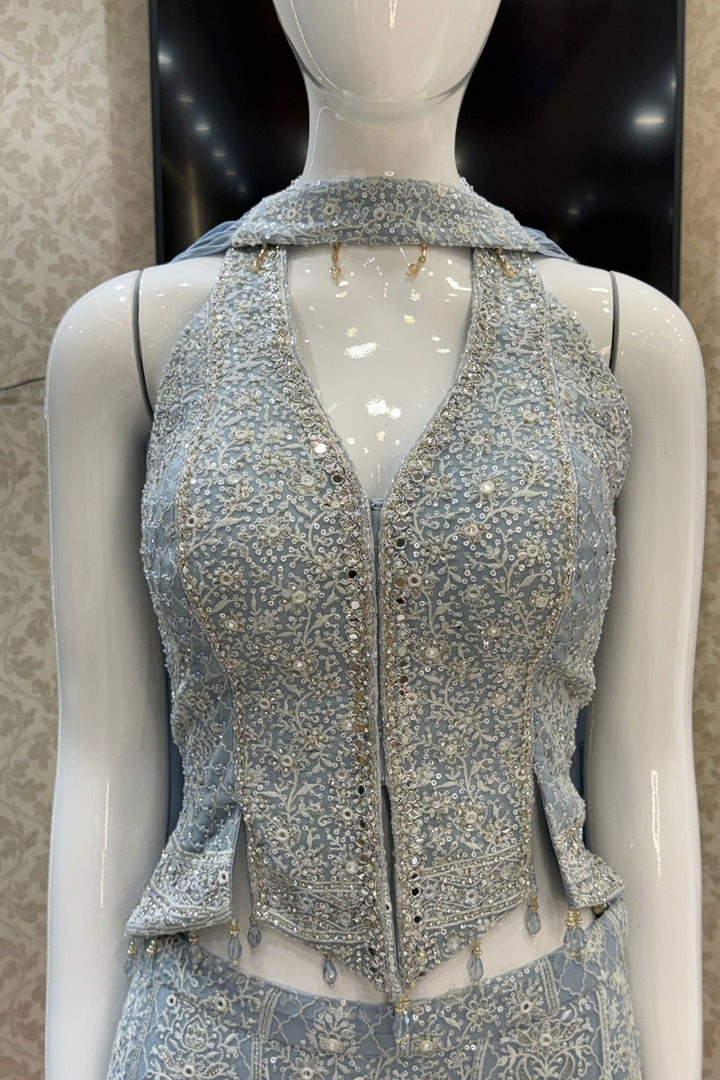 Sky Blue Halter Neck Palazzo Set with Chikankari, Beads, Sequins, Mirror and Stone Detailing