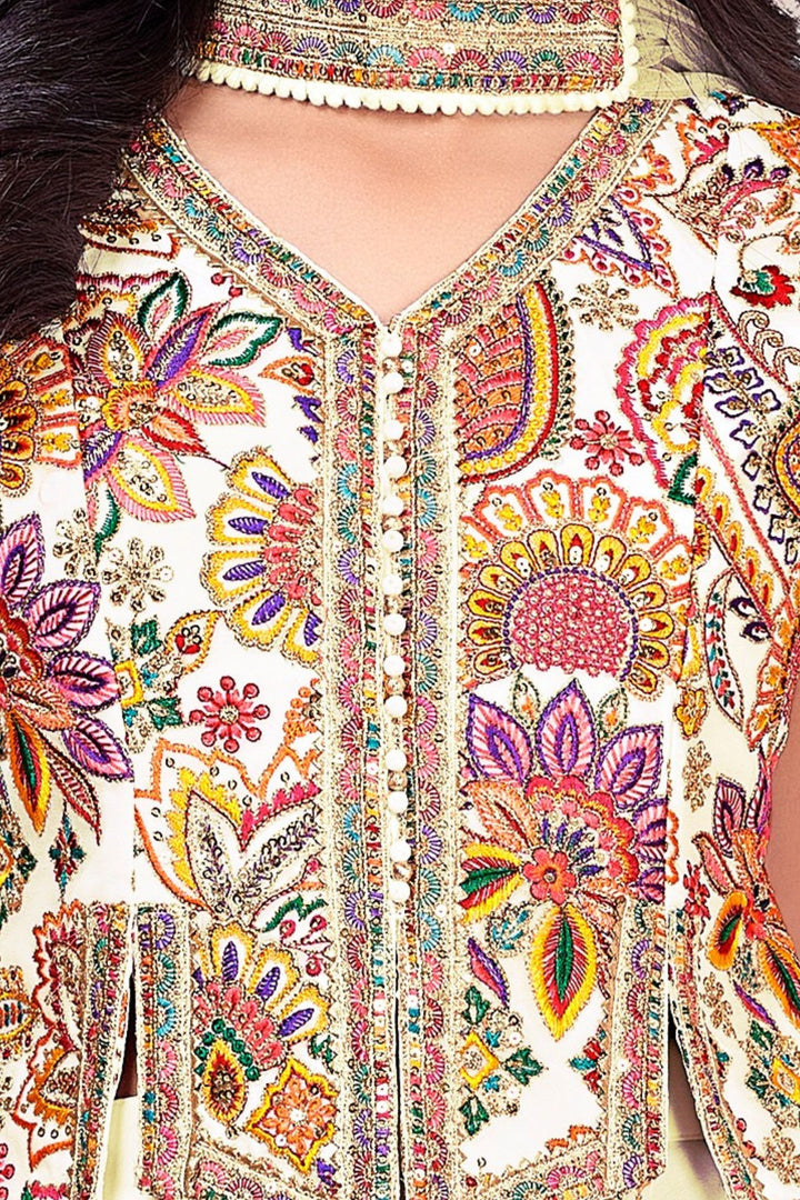 Cream Multicolor Embroidery, Sequins and Zari work Palazzo Suit Set for Girls