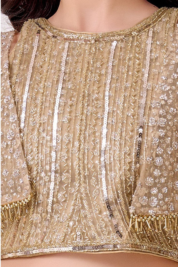 Gold with Poncho Beads and Sequins work  Indo-Western Styled Lehenga Choli for Girls