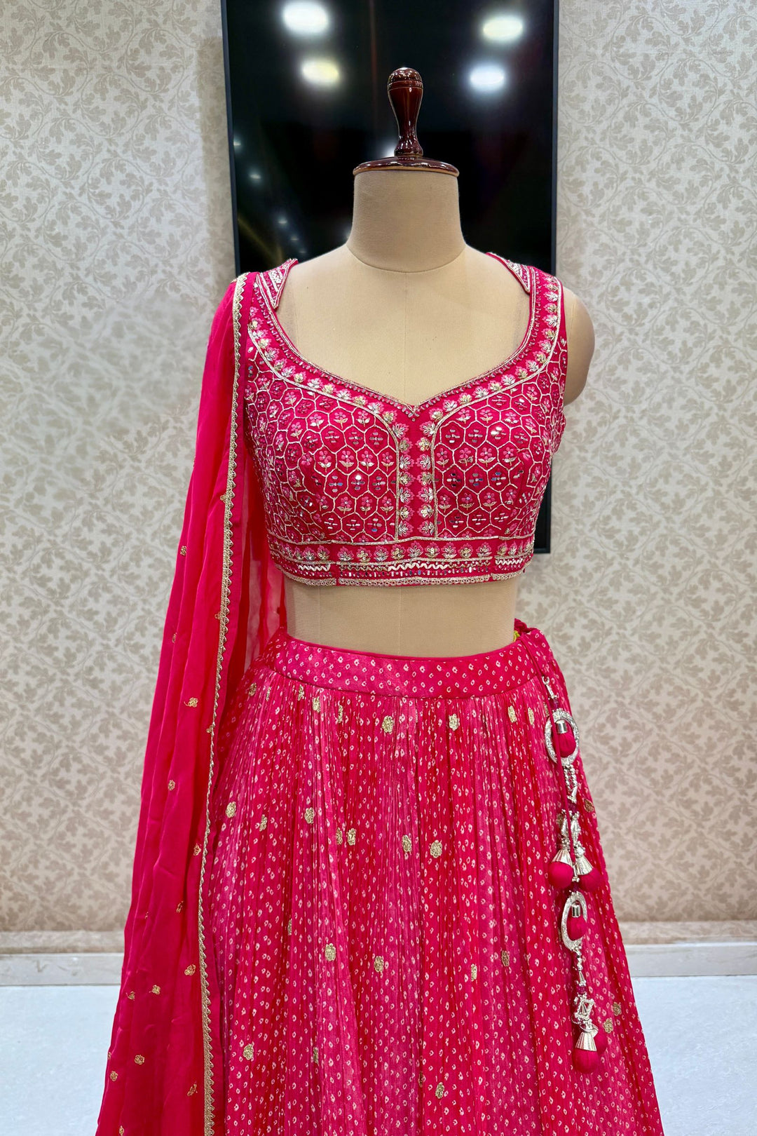 Rani Pink Mirror, Stone, Zardozi and Sequins work with Bandini Print Crop Top Lehenga