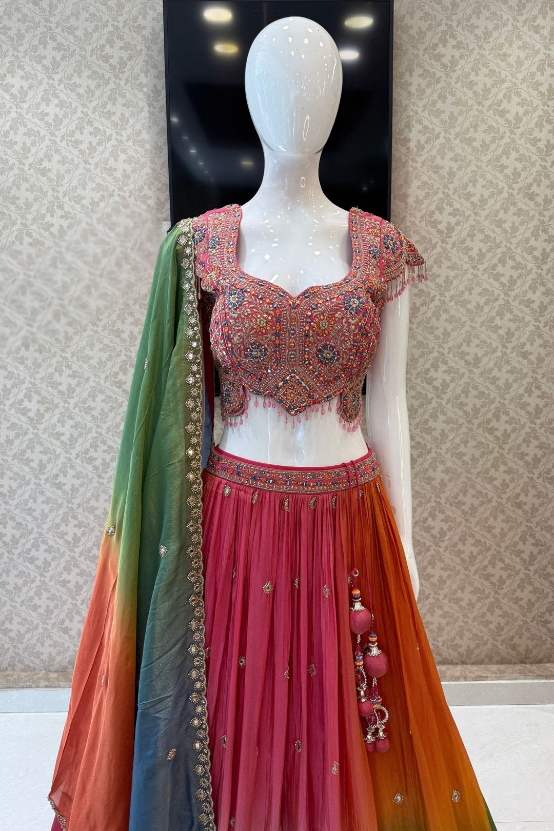 Designer Lehenga with Intricate Mirror, Stone, Sequins, Zari and Beads work