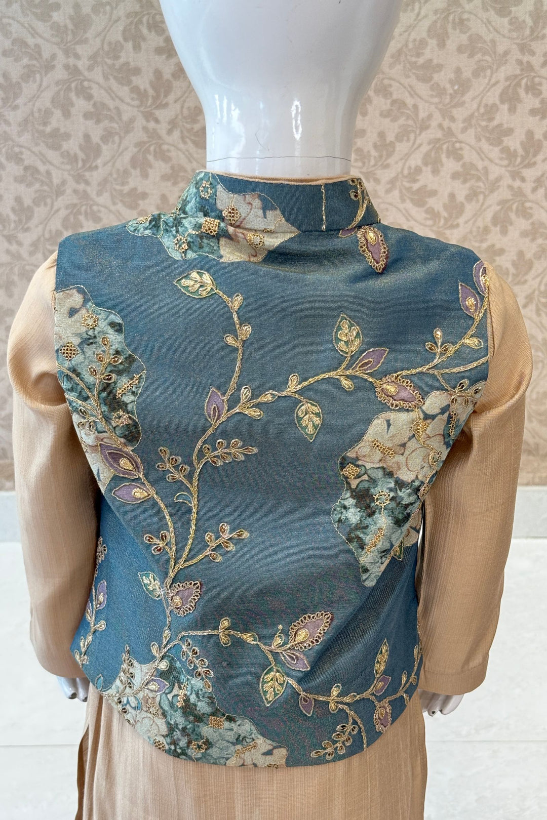 Blue with Gold Zari and Sequins work Waist Coat Kurta Set for Boys