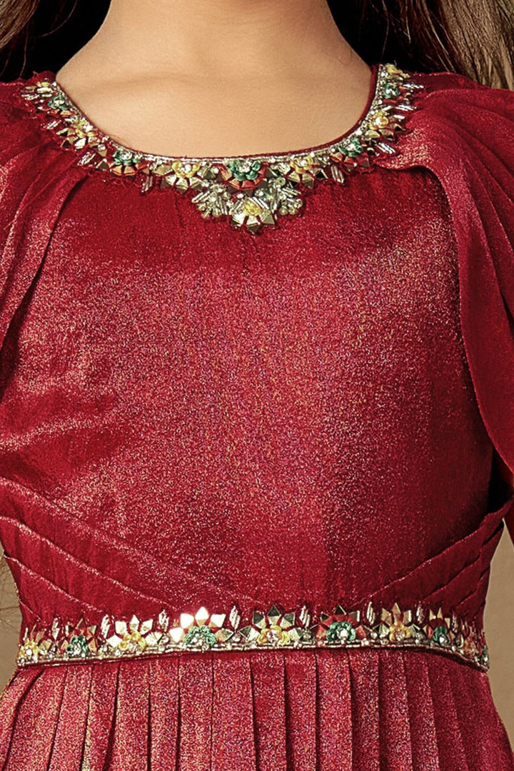 Maroon Mirror, Stone and Thread work with Digital Print Long Party Gown for Girls