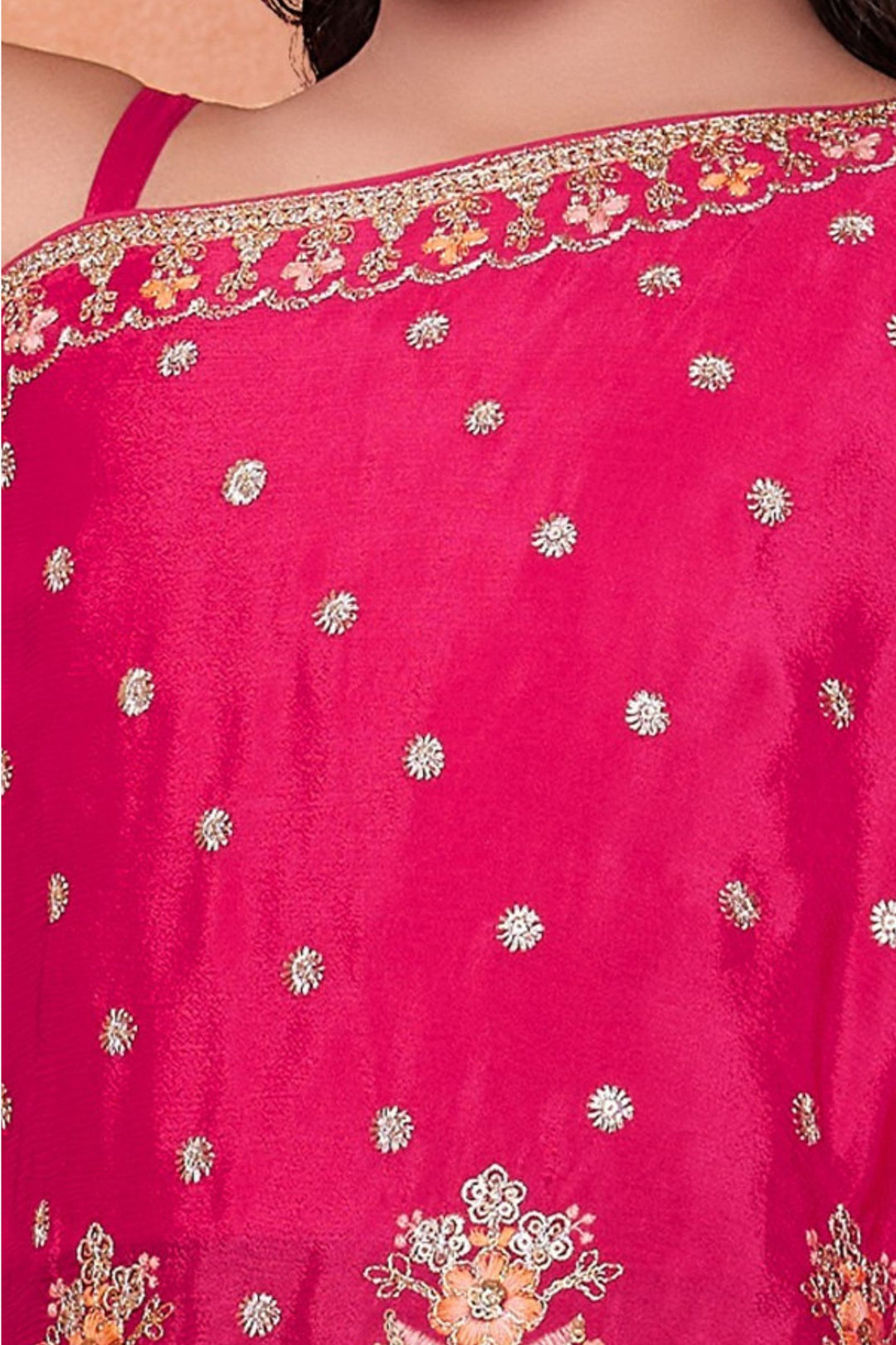 Rani Pink Sequins, Zari, Embroidery and Stone work Poncho Styled Palazzo Set for Girls