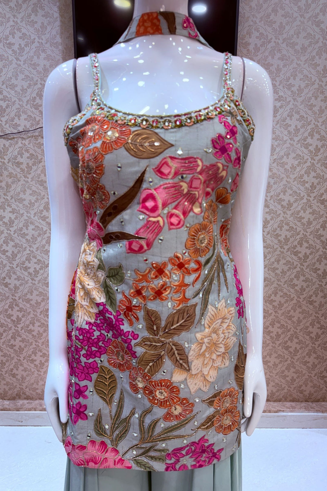 Aqua Blue Mirror, Sequins, Zari and Beads work with Floral Print Palazzo Salwar Suit