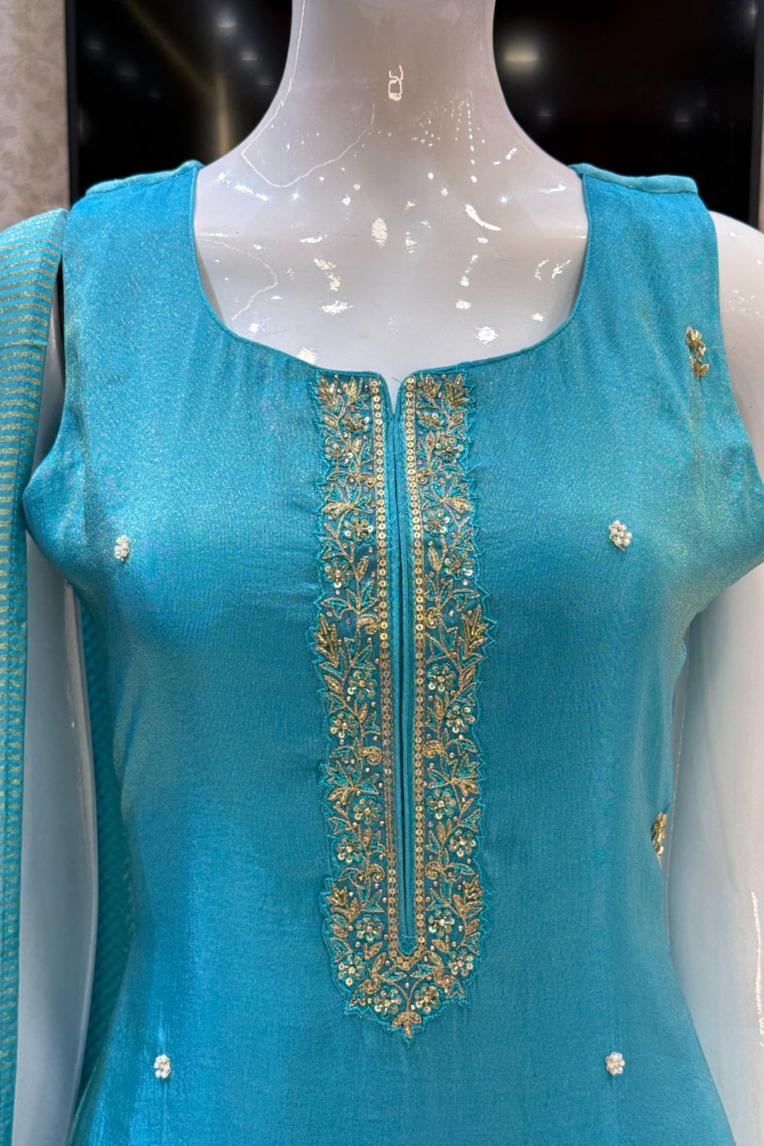 Rama Blue Beads, Zari, Stone and Sequins work Straight Cut Salwar Suit