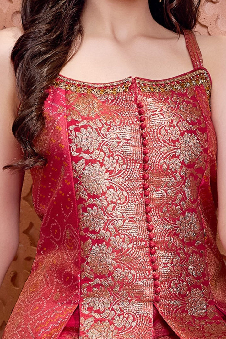Pink Banaras Zari and Mirror work with Bandini Print Palazzo Suit Set for Girls