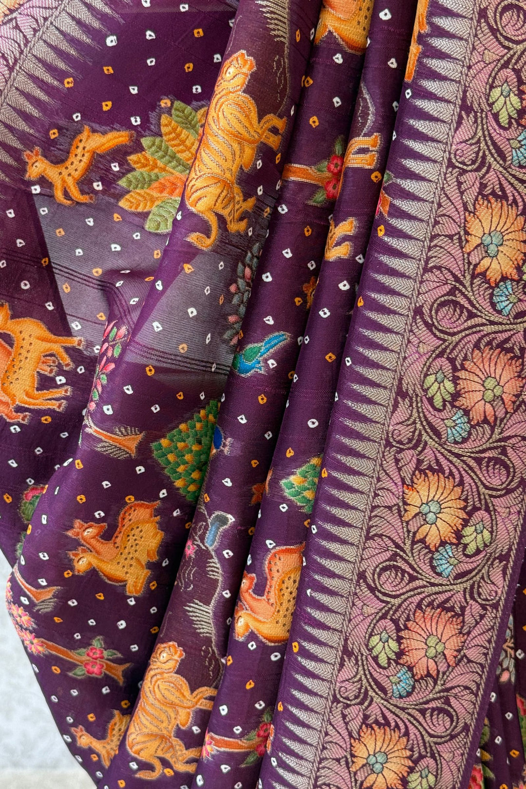 Wine Banaras and Traditional Woven Animal Motifs work with Bandhani Print Saree