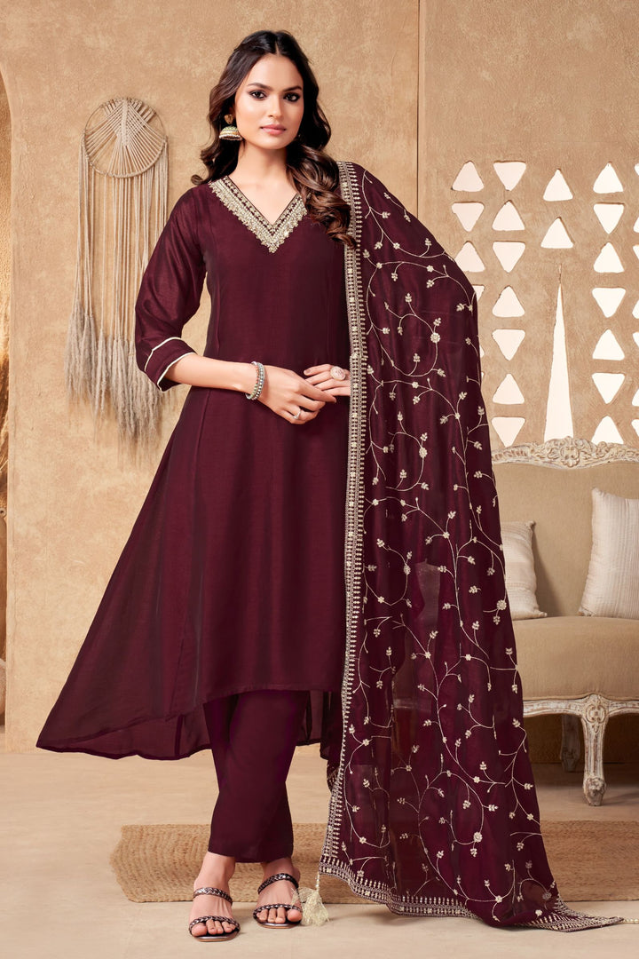 Maroon Beads, Pearl, Zardozi, Stone, Zari and Sequins work Aline Cut Salwar Suit