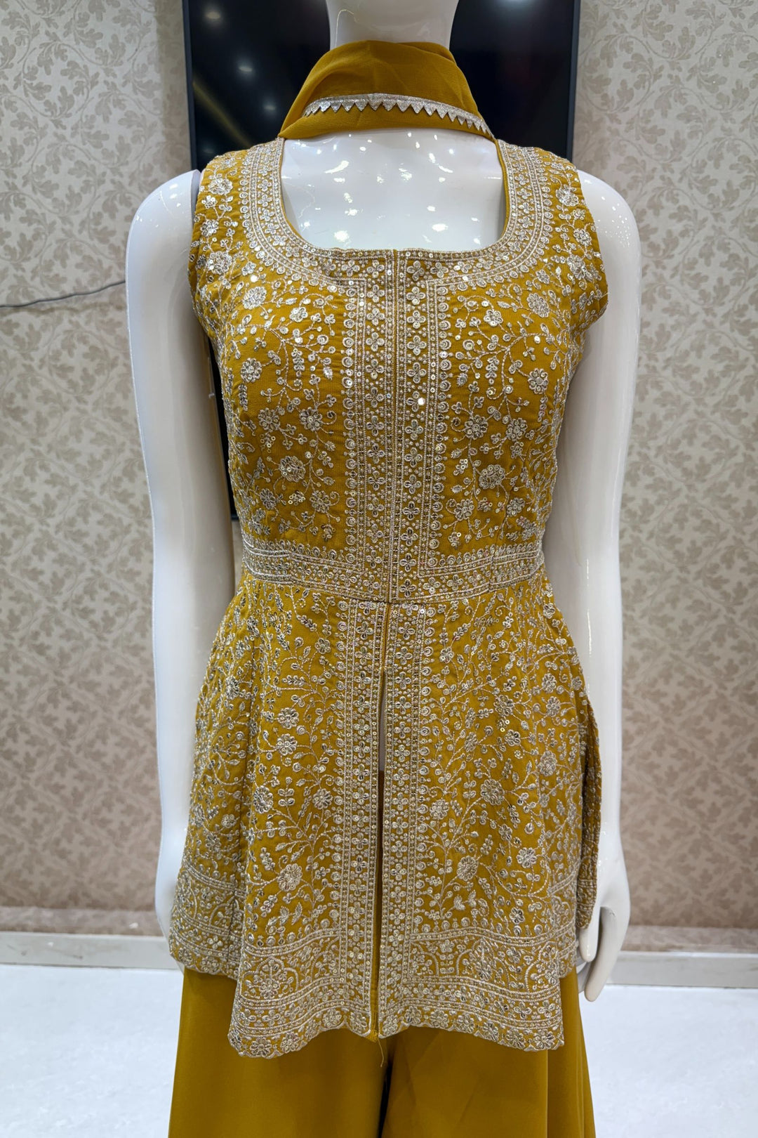 Mustard Silver Zari and Sequins work Peplum Top with Palazzo Suit Set