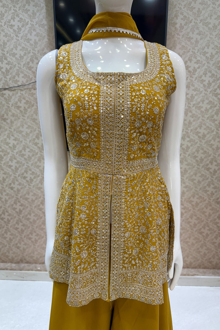 Mustard Silver Zari and Sequins work Peplum Top with Palazzo Suit Set