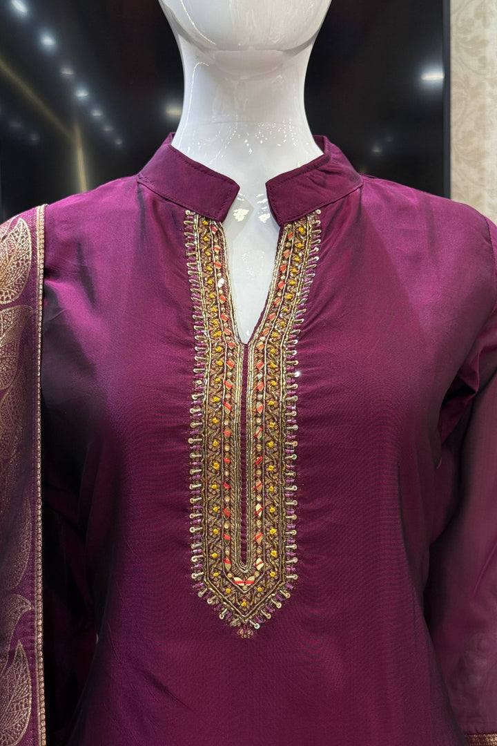Wine Straight Cut Salwar Suit with Beads, Zardozi, Sequins, Mirror and Brocade work