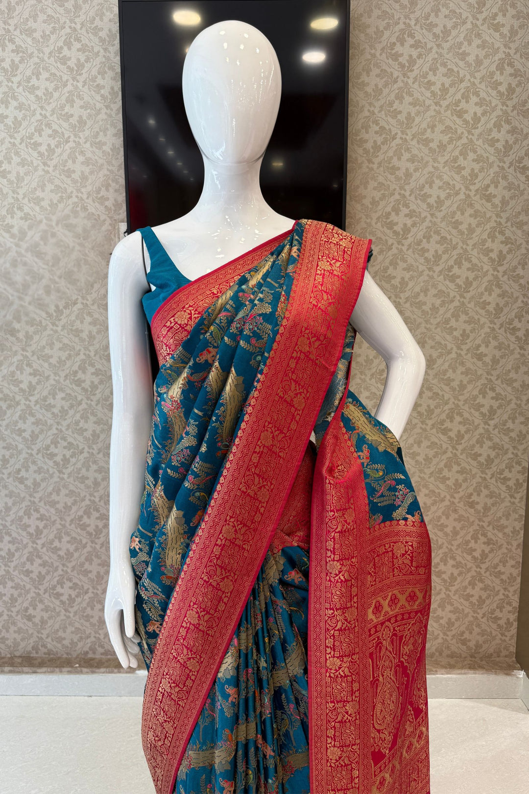 Rama Blue Saree Featuring Heritage Wildlife and Floral Banaras