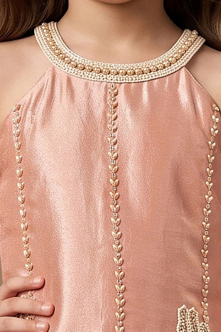 Peach Beads work Palazzo Suit Set for Girls