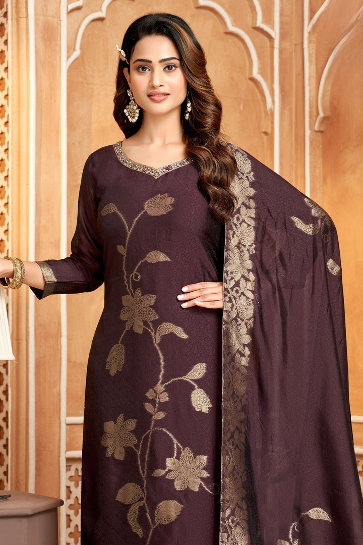Brown Banaras, Stone, Zardozi, Sequins, Beads and Zari work Straight Cut Salwar Suit