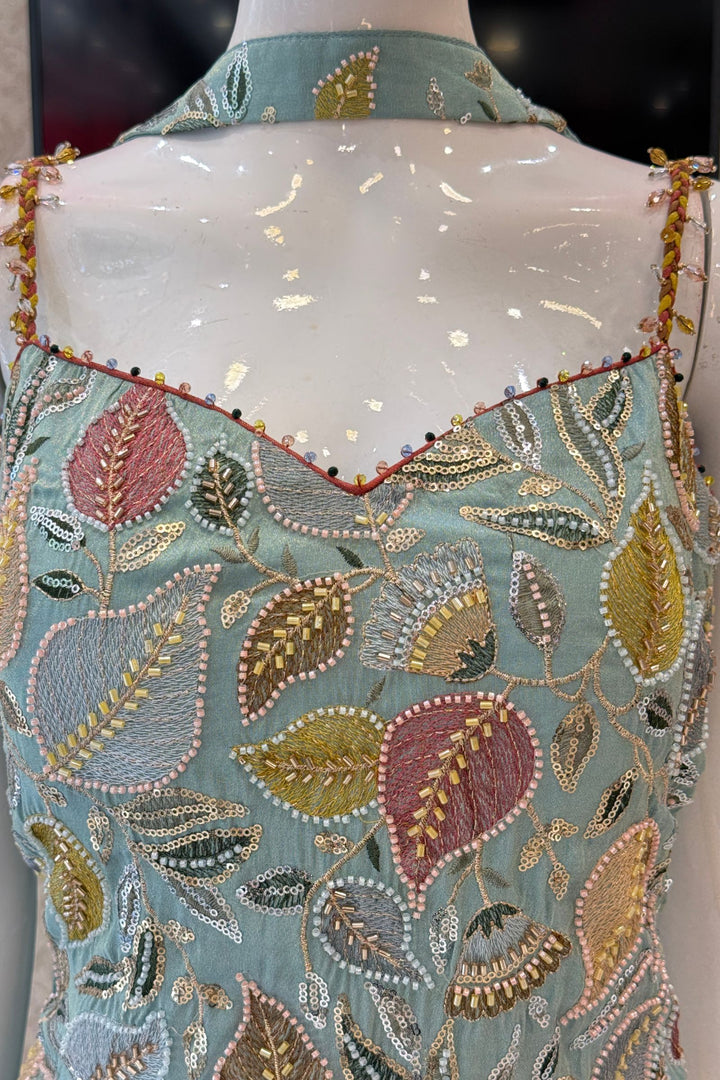 Sea Green Set Featuring All-Over Multicolour Thread and Bead Leaf Embroidery