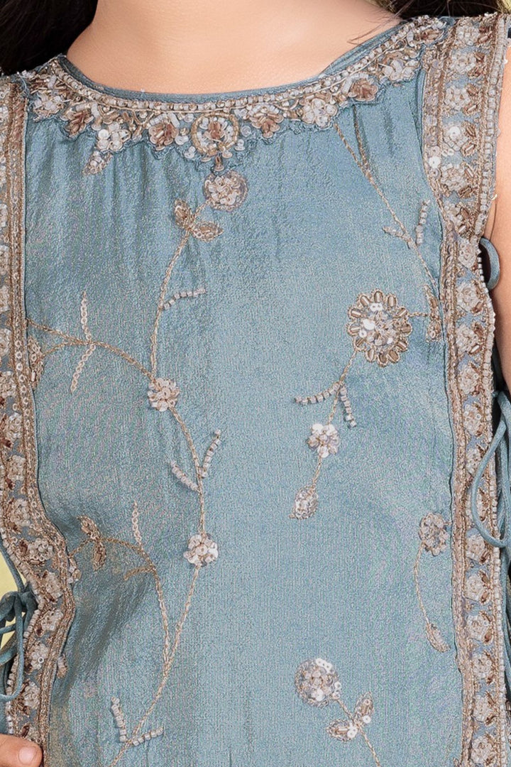 Sea Blue Beads, Sequins and Zari work Jacket Styled Long Party Gown for Girls