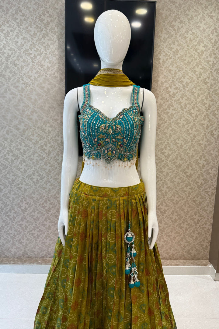 Rama Blue with Olive Green Mirror, Stone, Beads and Banaras work Lehenga