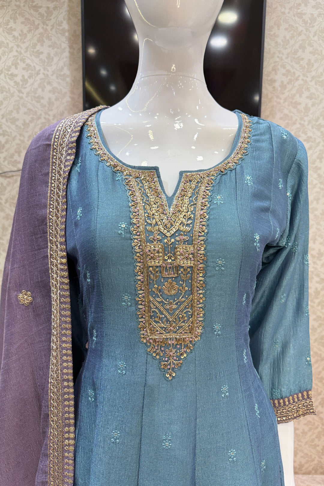 Greenish Blue Beads, Zardozi, Thread, Sequins, Stone and Zari work A-line Cut Salwar Suit
