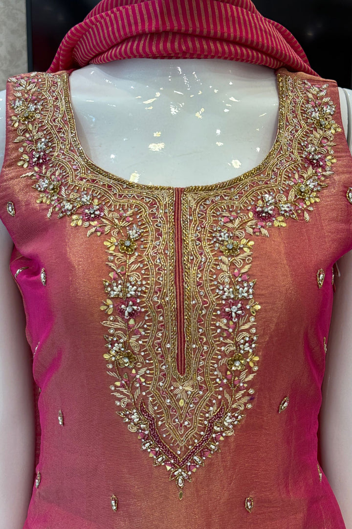 Rani Pink Palazzo Salwar Suit with Zardozi, Mirror and Beads Detailing
