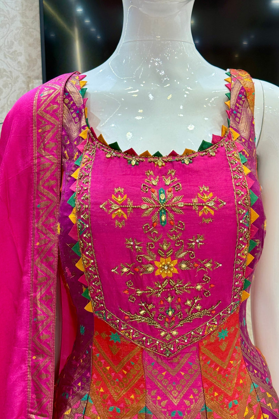 Multicolor Banaras, Zardozi and Beads work Anarkali Style Salwar Suit with Palazzo Pant