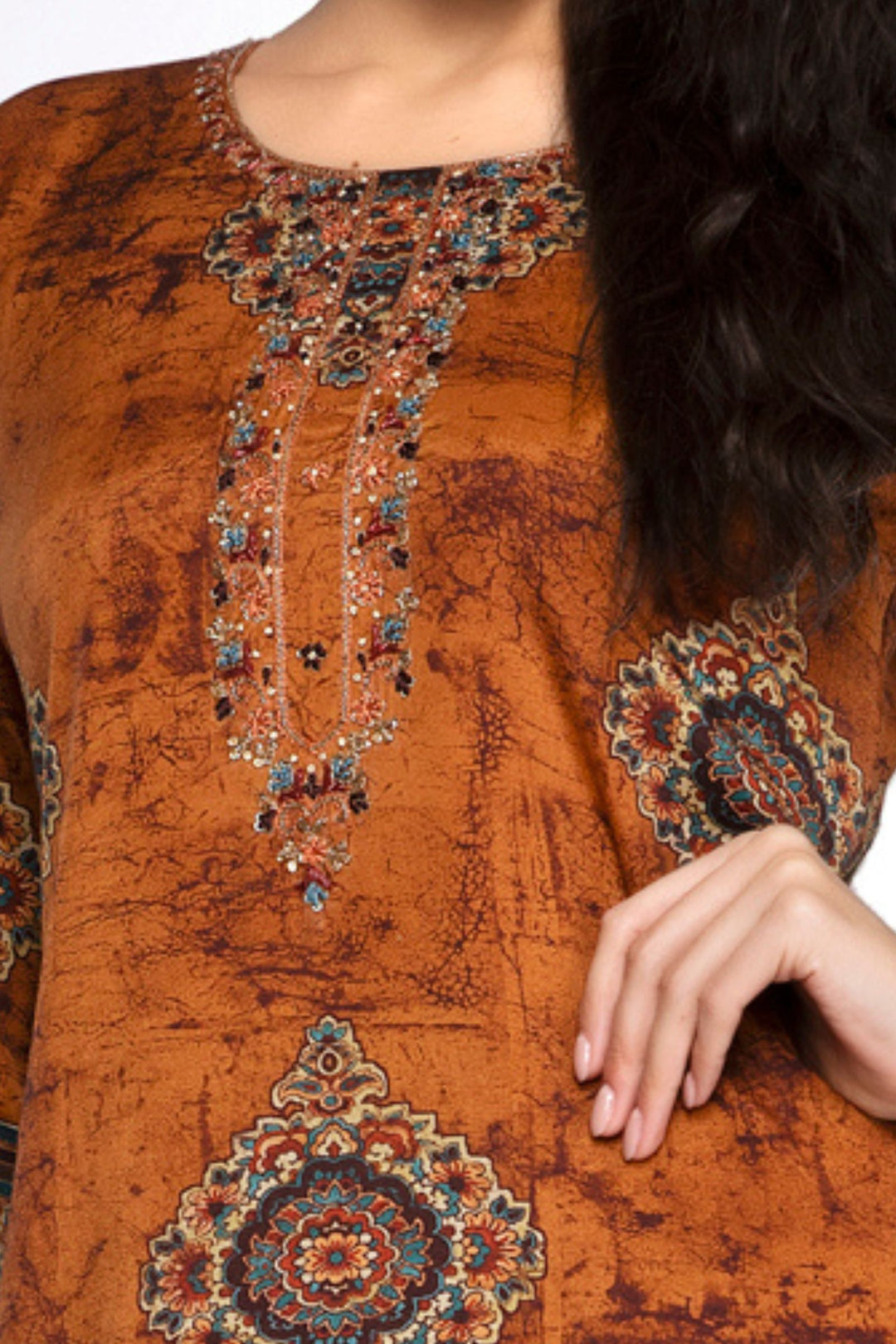 Mustard Sequins and Thread work with Multicolor Digital Print Calf Length Kurti