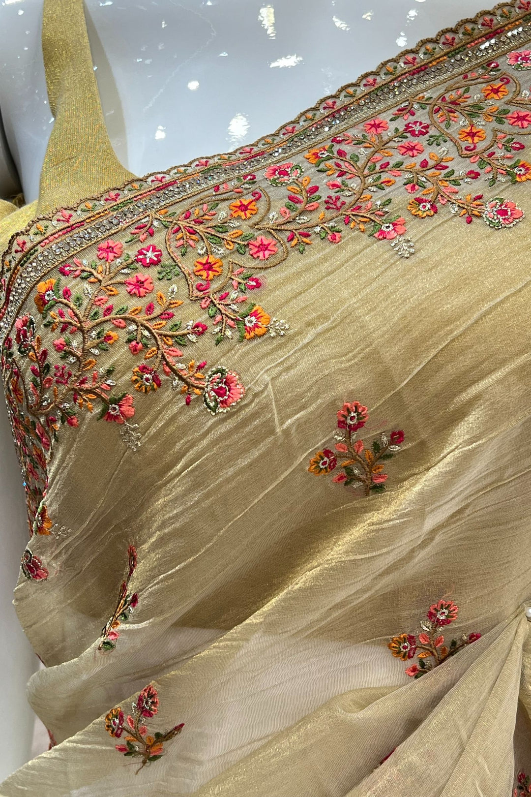 Gold Multicolor Embroidery, Sequins and Stone work Saree