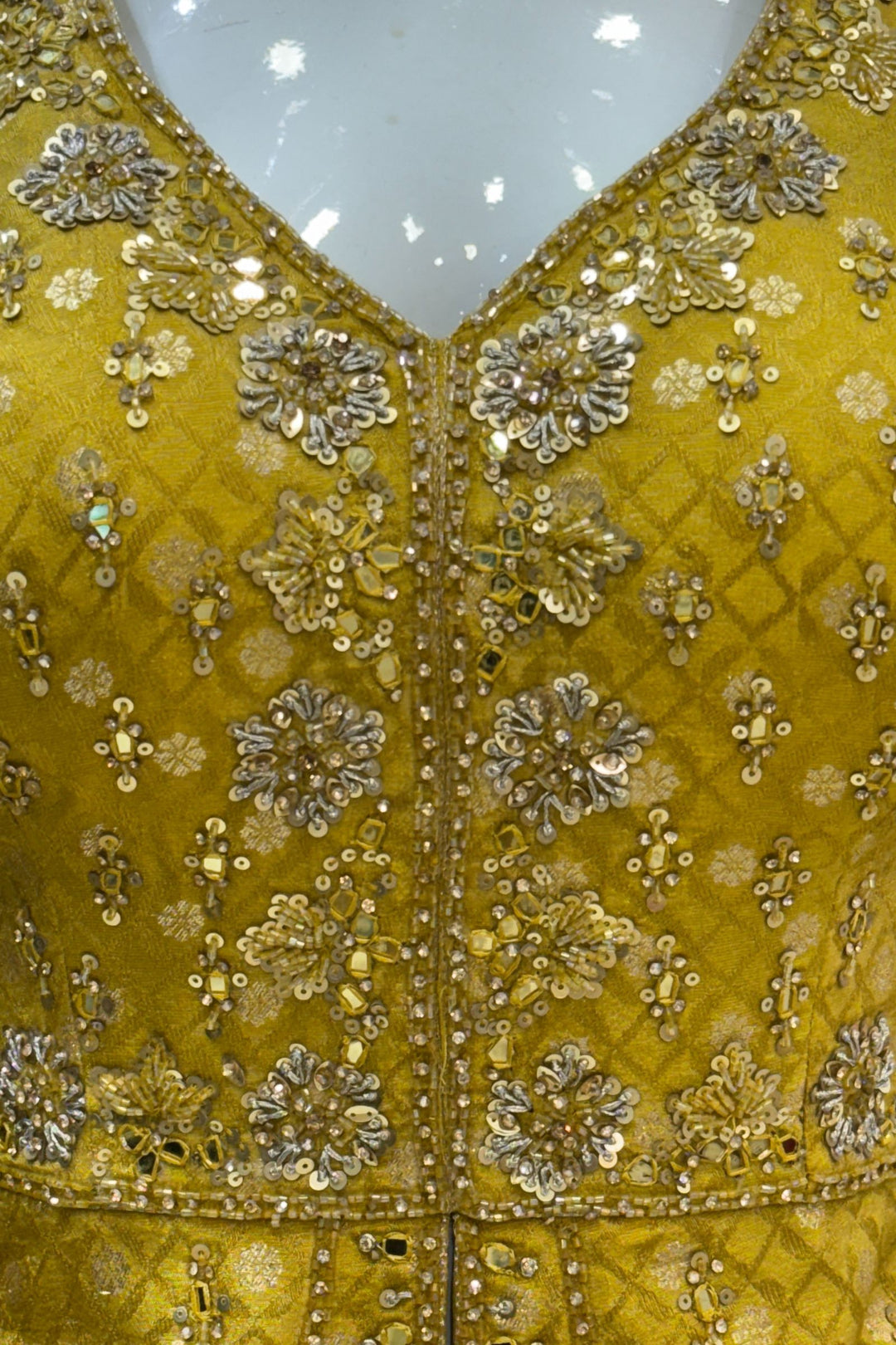Yellow Jacquard, Mirror, Stone, Sequins, Beads and Banaras work Peplum Style Lehenga