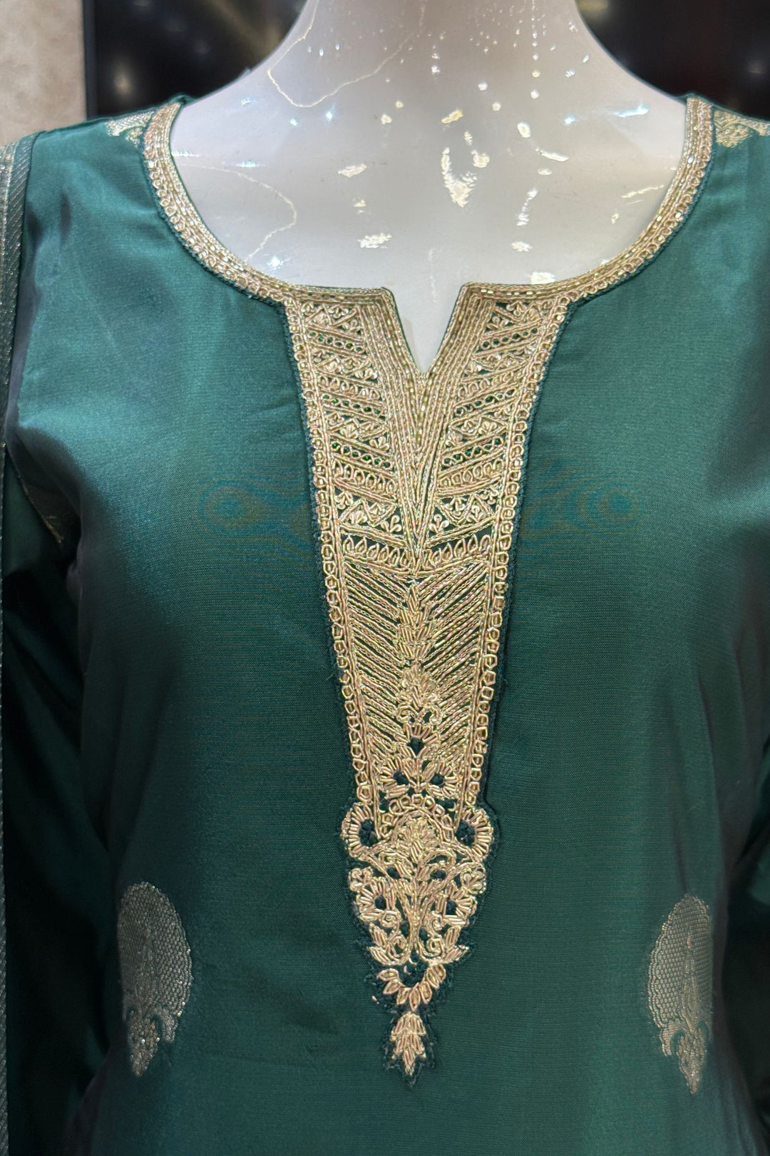 Bottle Green Banaras, Zardozi, Sequins, Beads and Zari work Straight Cut Salwar Suit
