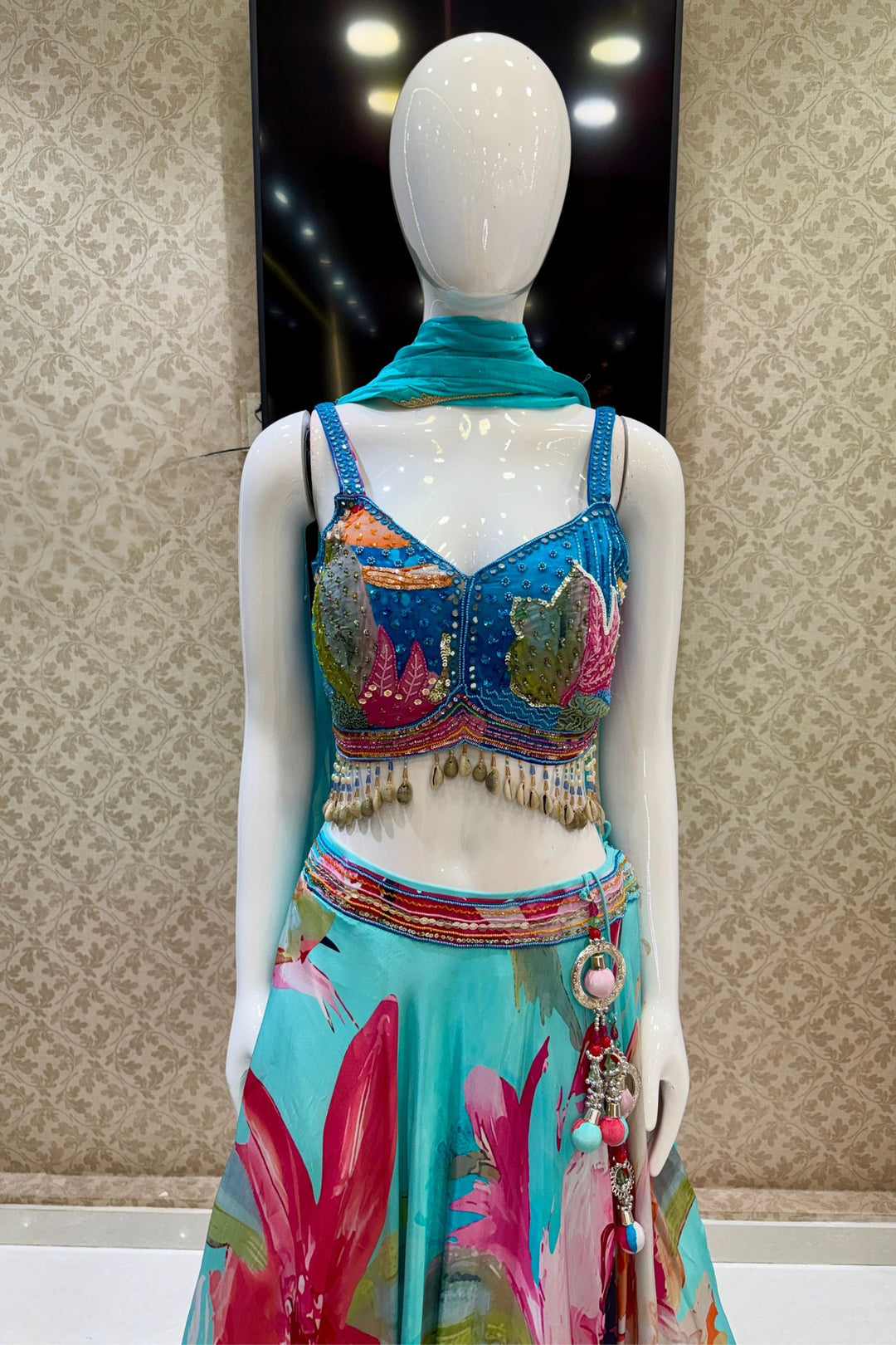 Blue Sequins and Beads work with Floral Print Lehenga